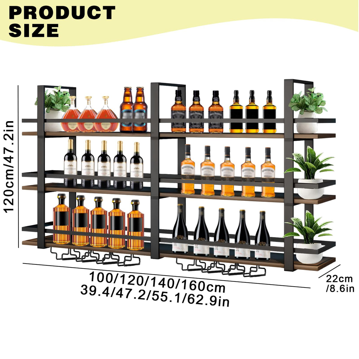 amhricho Wine Rack Wall Mounted with LED Lights, 3 Tier Metal Liquor Floating Display Shelves, with Wine Glass Rack, Iron & Wood Industrial Wall Wine Rack, for Bar, Kitchen, Cafe (Black, 39.4in)
