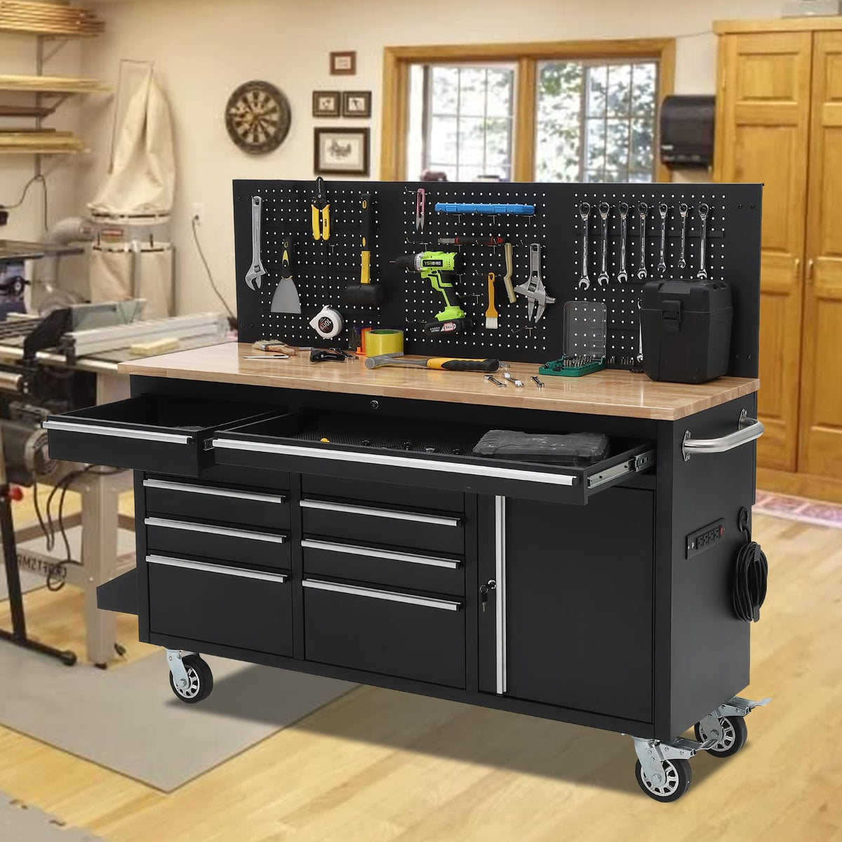 61" Rolling Tool Chest Workbench with 10-Drawers & Solid Rubber Wood Top, Mobile Heavy Duty Tool Storage Cabinet with Lock, Casters, Drawer Liner & 1675 LBS Load Capacity, Includes Power Strip