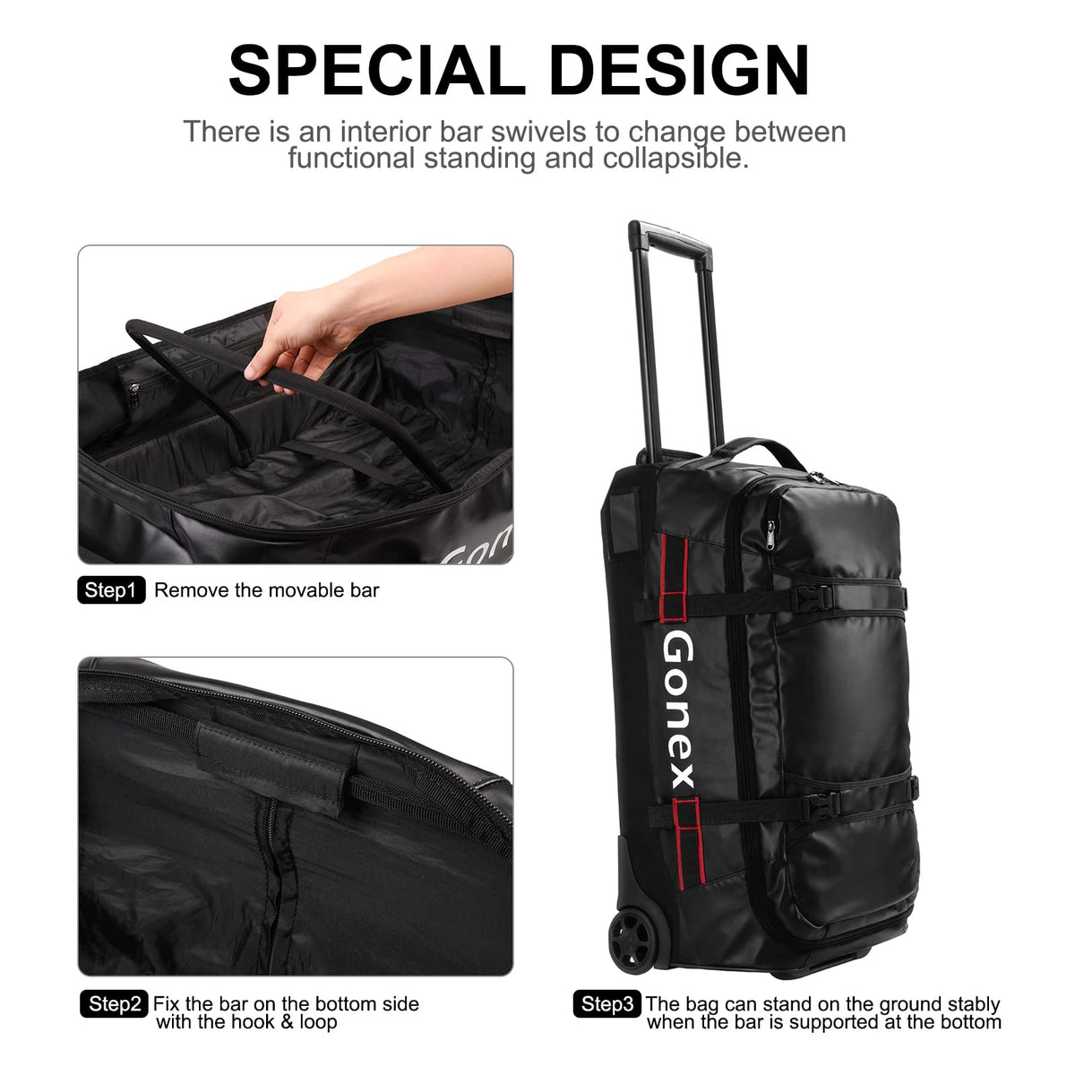 Gonex Rolling Duffle Bag with Wheels, 70L Water Repellent Wheeled Travel Duffel Luggage with Rollers 25 inch, Black