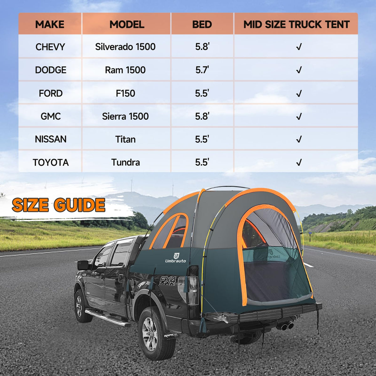 Truck Bed Tent 5.5-6ft: Easy Set Up Umburato Pickup Truck Tents for Camping, Waterproof PU3000mm Canopy for Truck Camper, Portable, Spacious for 2 Person Green