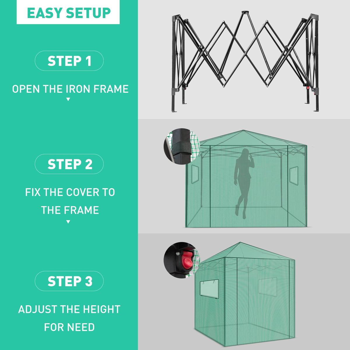 PexFix 6'x 5' Portable Walk-in Greenhouse, Easy Setup, Indoor/Outdoor, 2 Roll-Up Mesh Windows, Roll-Up Zipper Door, Green
