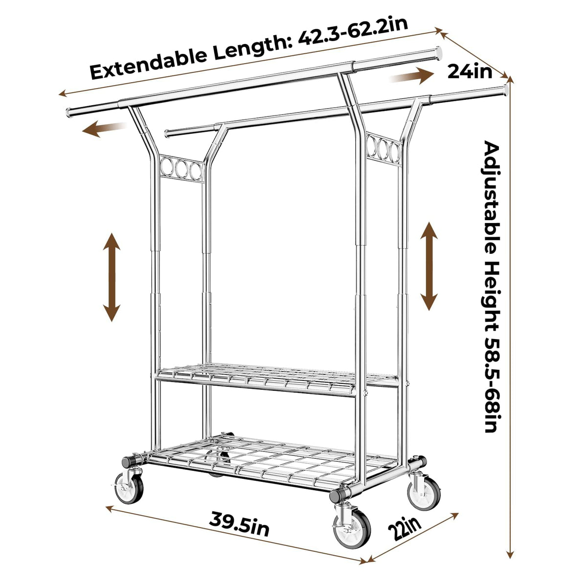 HYSEYY Heavy Duty Clothes Rack, Rolling Clothing Rack With Shelves Load 620 LBS, Double Rod Clothing Racks for Hanging Clothes, Portable& Adjustable Clothes Rack with Wheels Garment Rack