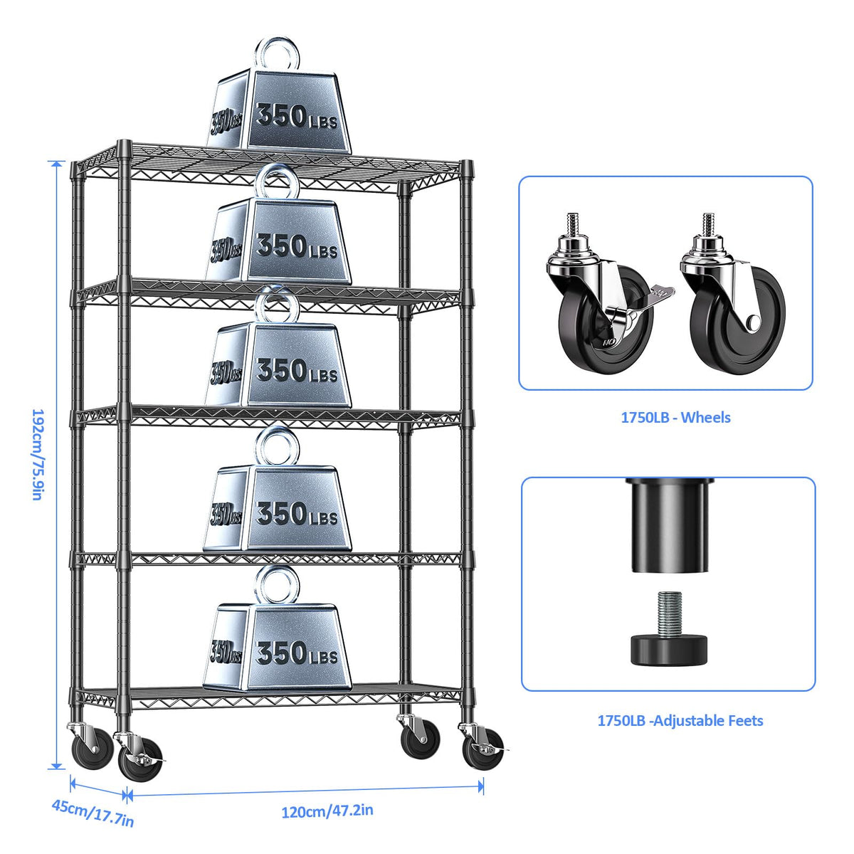 IZEUK 5-Tier Storage Shelving Unit with Wheels, Adjustable Heavy Duty Steel Wire Rack Organizer (Black, 17.7" D x 47.2" W x 76.7" H, 1750 lbs Capacity) for Garage, Kitchen, Office, Laundry, Basement