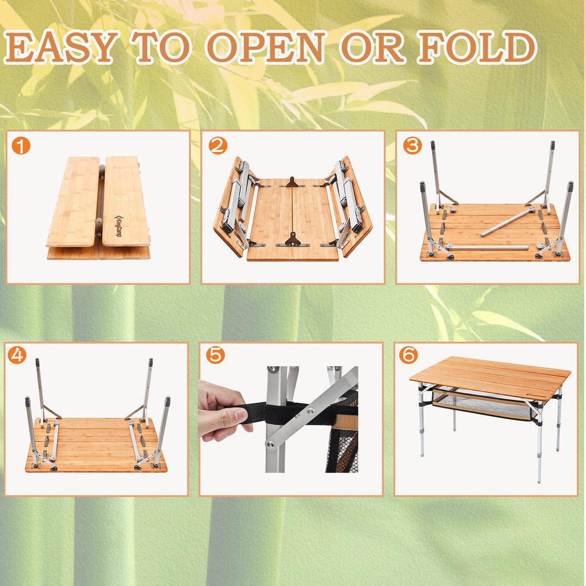 KingCamp Bamboo Folding Table Camping Table with Large Storage Bag Adjustable Height Aluminum Legs Heavy Duty 176 lbs 4-Fold Portable Camp Tables for Travel, Picnic, RV, 4-5 People
