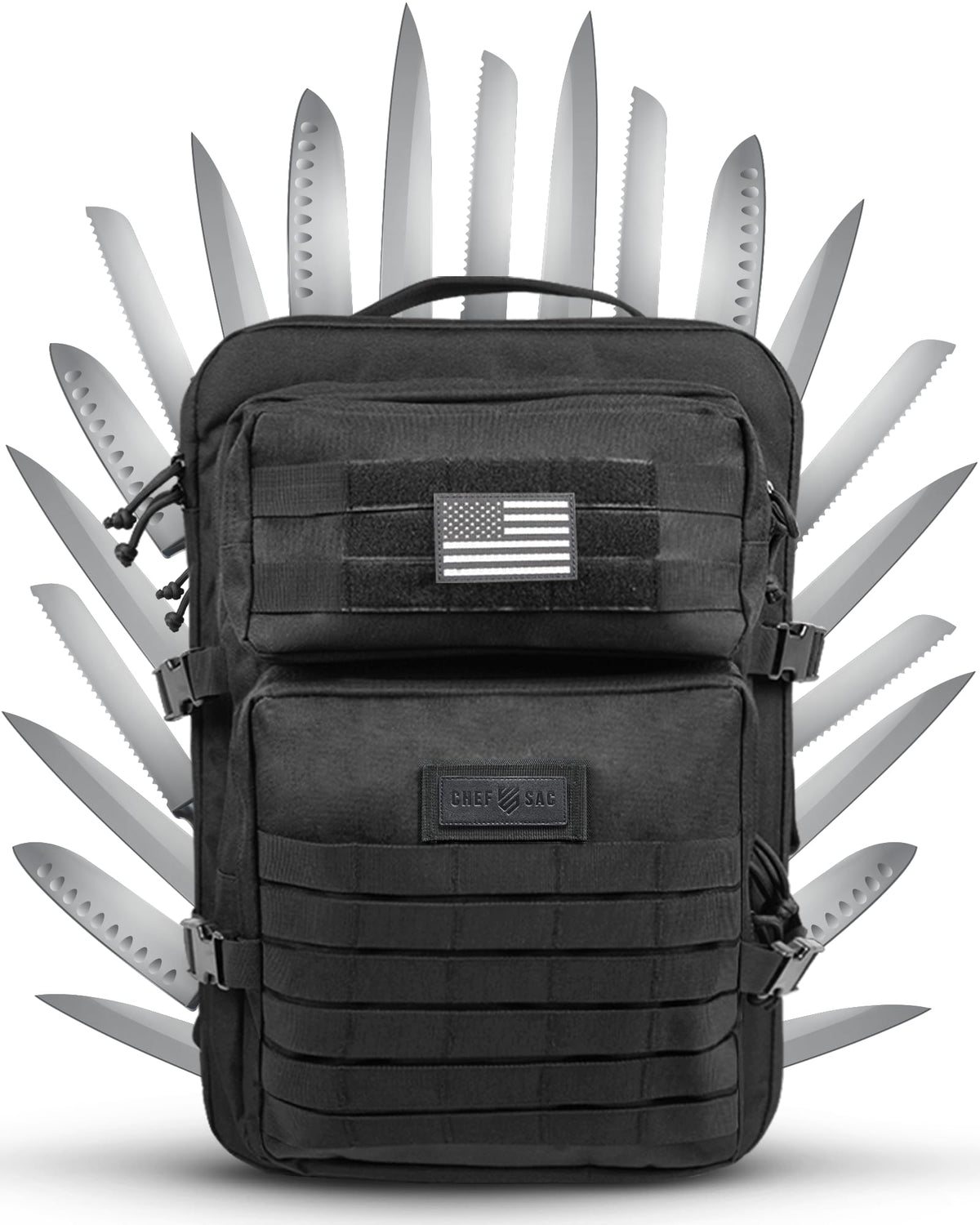 Chef Knife Bag Tactical Backpack XL, 30+ Pocket Knife Carrying Case for Chefs and Culinary Tools, Patented Retention Panels with Hook-and-Loop System, YKK Zippers, Fits 12in Knives