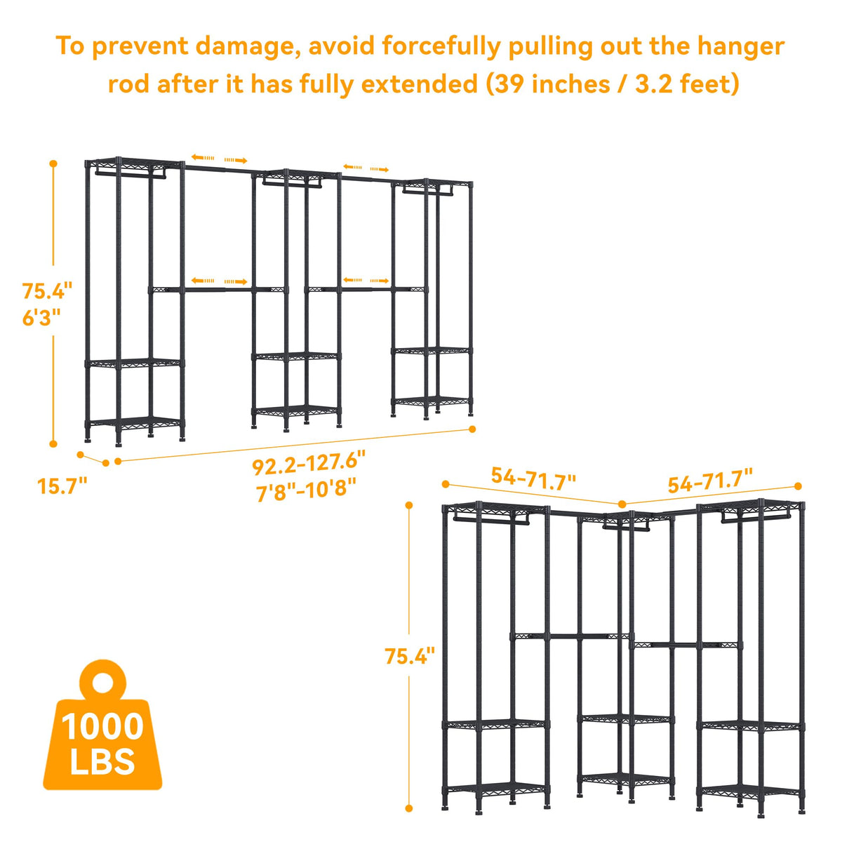 Higeego H11 Large Clothing Rack for Hanging Clothes Heavy Duty Garment Rack, Freestanding Wardrobe Closet Organizer and Storage with Expandable Hanger Rods, Extendable from 7.8 to 10.8 ft, Black