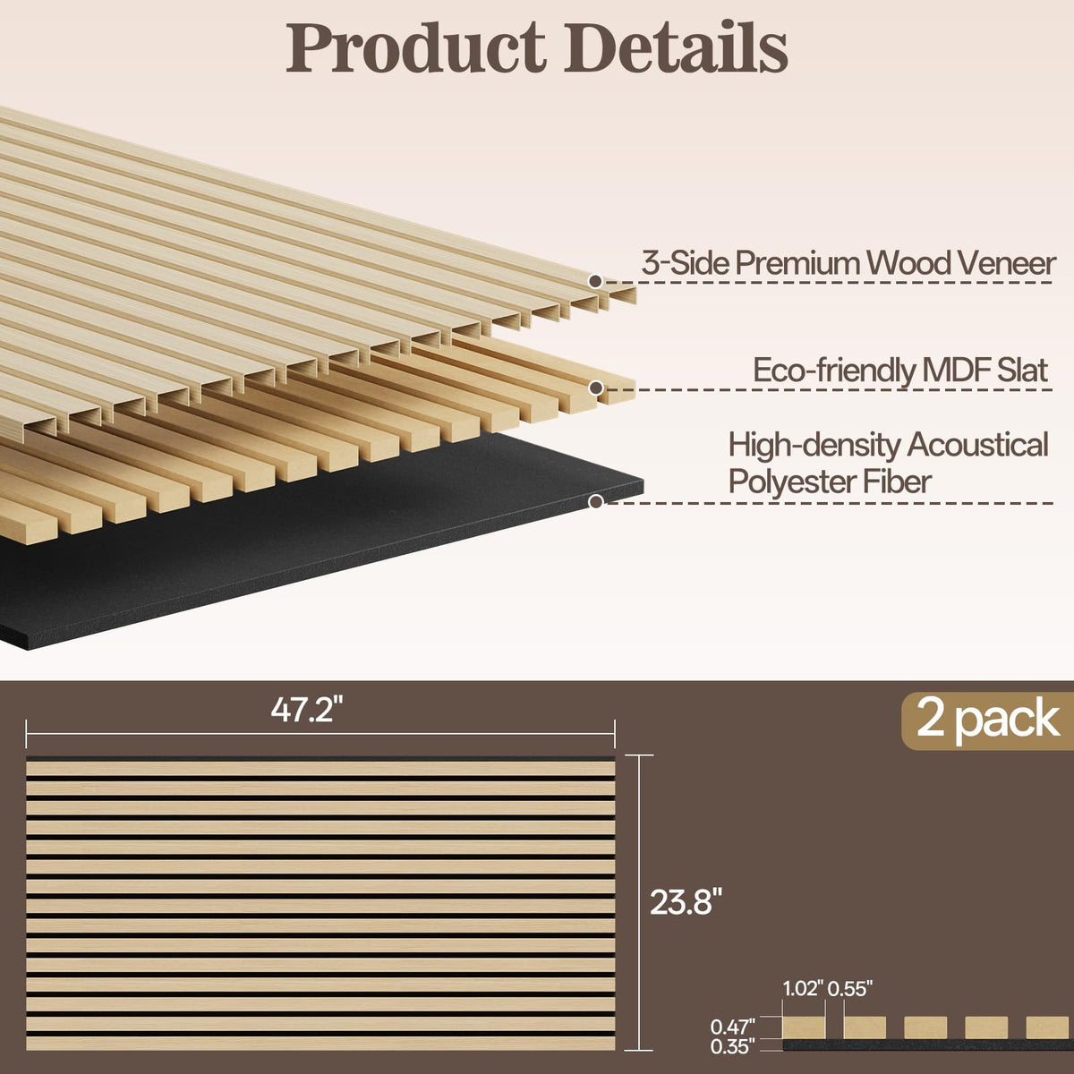 2 Pack Wood Panels for Wall, 47.24" x 23.81" Acoustic Wood Slat Wall Panel for Interior Decor & Noise Reduction, Soundproof Wood Wall Panel, Sound Absorbing Wall Panels for Home Office Studio, Oak