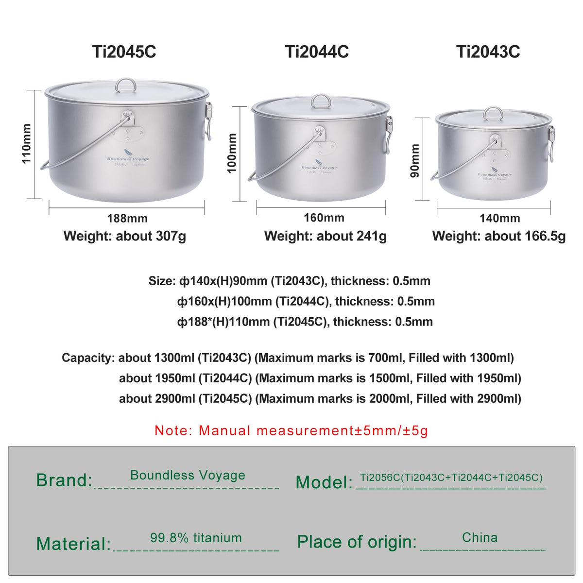 iBasingo 3-Piece Titanium Pot Set (1.3L+1.95L+2.9L) with Lids Ultralight Camping Cookware for Backpacking, Hiking & Outdoor Cooking, Nesting Backpacker Pots with Measurement Marks Ti2056C