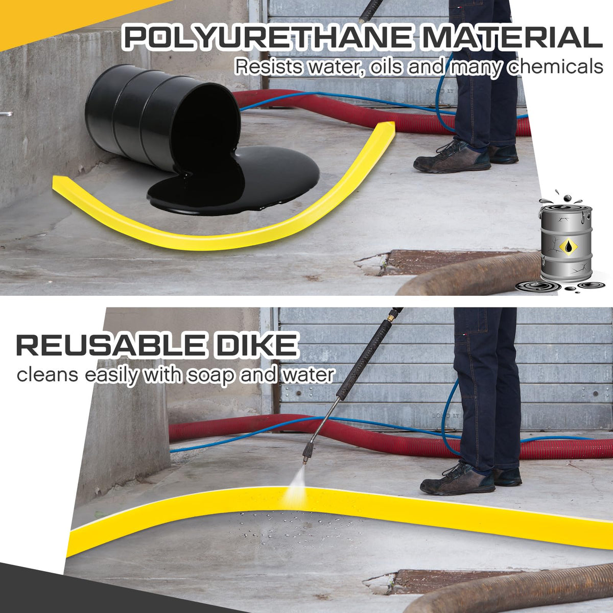 Pushglossy 3 Pcs Spill Barrier Dike 5'L x 2.6"W x 1.5"H Water Dam Barrier Liquid Blocker for Garage Home Floor Flooding Solutions(Yellow)
