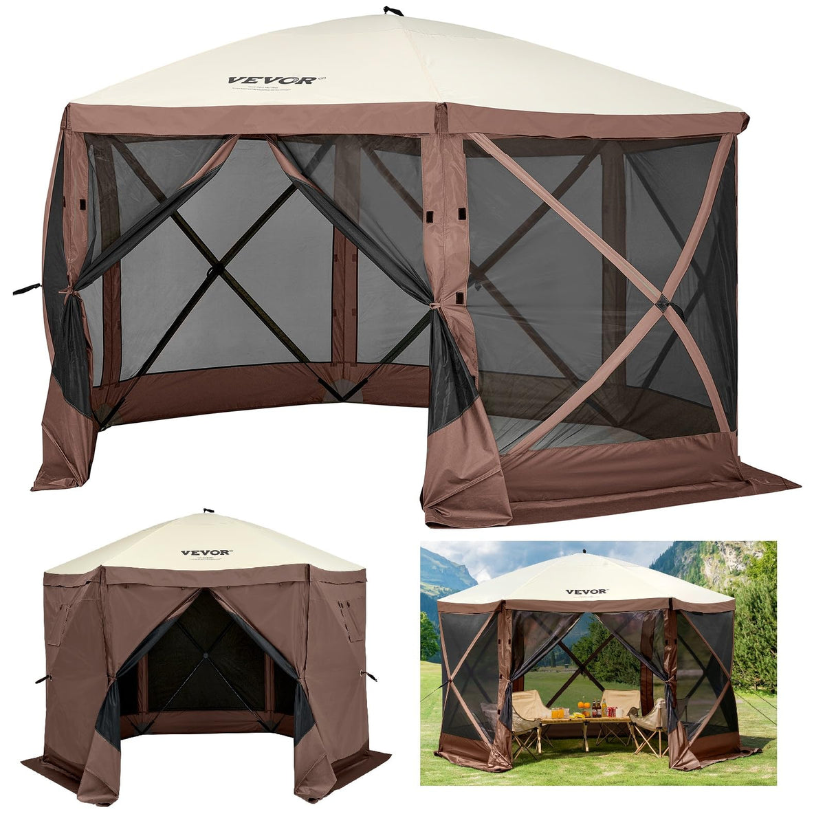 VEVOR Pop Up Gazebo Screen Tent, Pop-Up Instant Gazebo Tents with Mosquito Netting Outdoor Canopy, 6 Sided Sun Shelter 10x10ft with 6 Removable Wind Cloths & 2 Mesh Windows, Pavilion Tent for Patio
