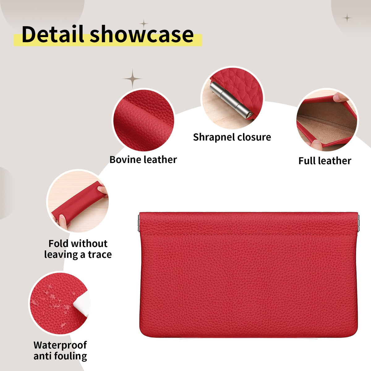 Genuine Leather Pocket Cosmetic Bag for Purse,Coin Purse Lipstick Cosmetic Accessories Travel Pouch for Storage Waterproof Portable No Zipper Self-closing Small Makeup Pouch (Red)
