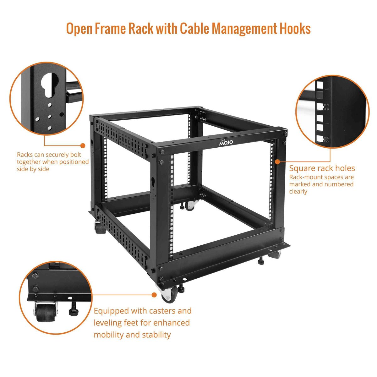 Tecmojo 8U Open Frame Server Rack,4-Post Adjustable Depth Rolling Network Rack for Computer/Data/AV/IT/Servers,Mobile Type
