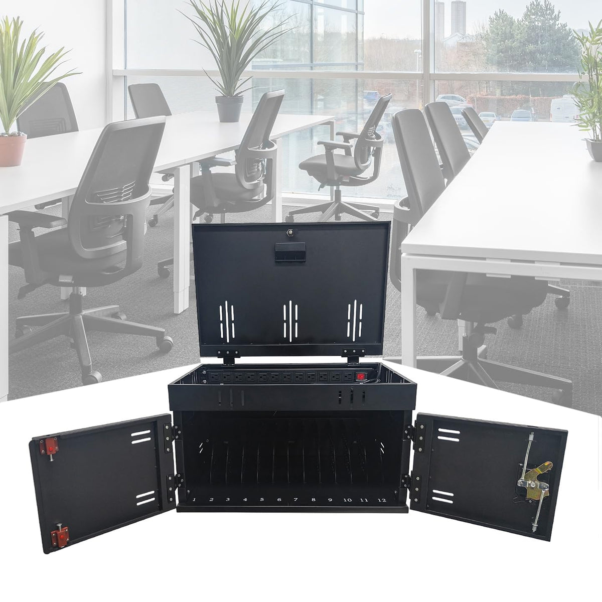 12 Device Charging Station for Laptops & Tablets, Portable Lockable Charging Cabinet Lock Box with Cable Management,Fits 17in Laptop Computers Chromebooks, for Classroom, Library, and Office(Black)