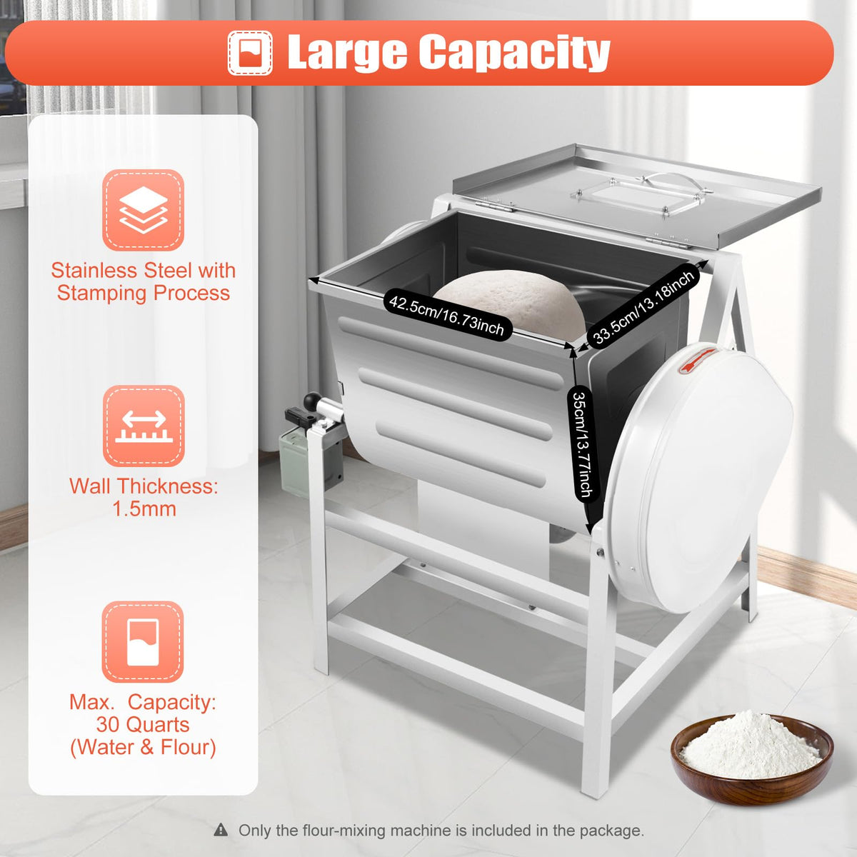 RocoReny 30QT Commercial Electric Dough Mixer Mixing Machine, 1500W 110V Stainless Steel Heavy Duty Pizza Dough Kneading Machine with 90° Tilt Bowl for School Bakery Restaurant