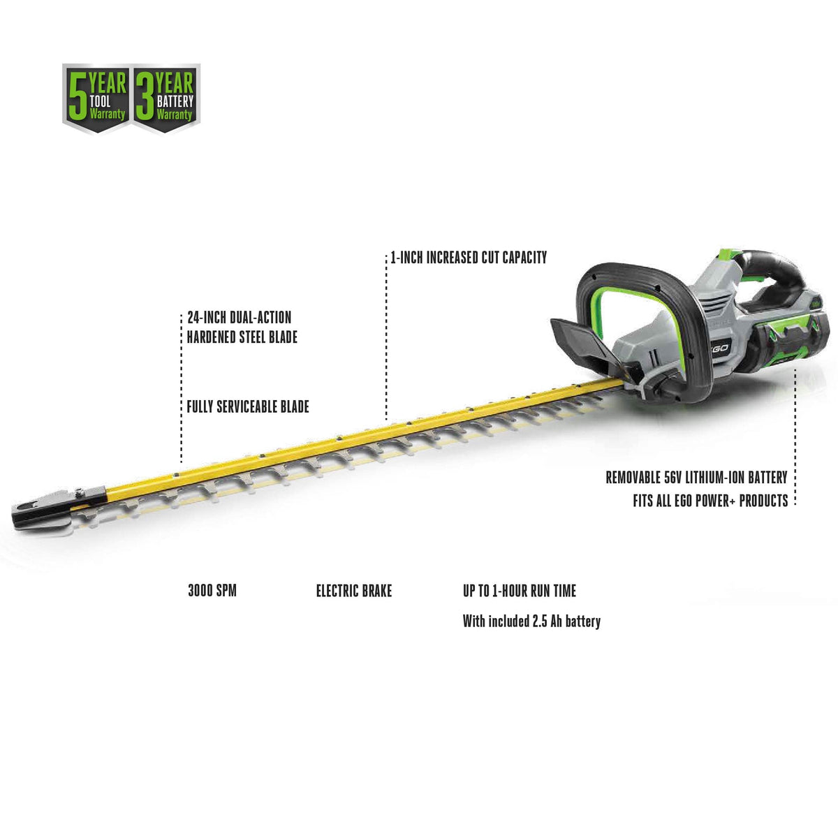 EGO POWER+ Hedge Trimmer Cordless, Electric Hedge Trimmer 24", Includes 56V 2.5Ah Battery and Charger - HT2411