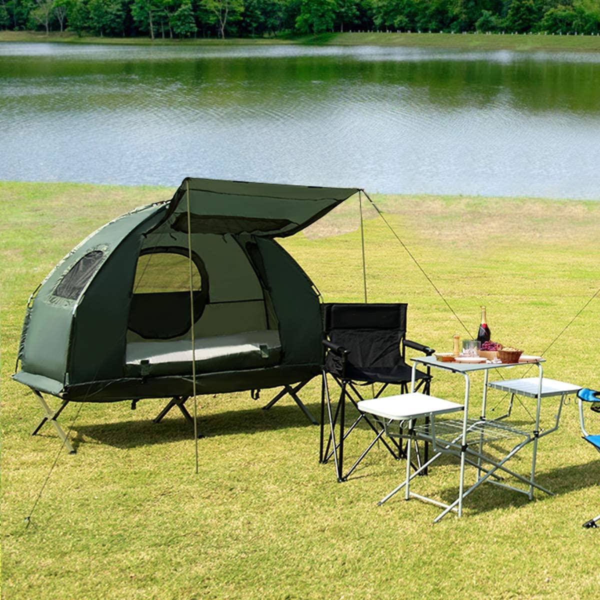 LUARANE Double Tent Bed, Outdoor Folding Tent Set with Air Mattress & Sleeping Bag, 2 Person Waterproof Raised Camping Tent Bed with Carry Bag, Suitable for Hiking, Camping, Picnics