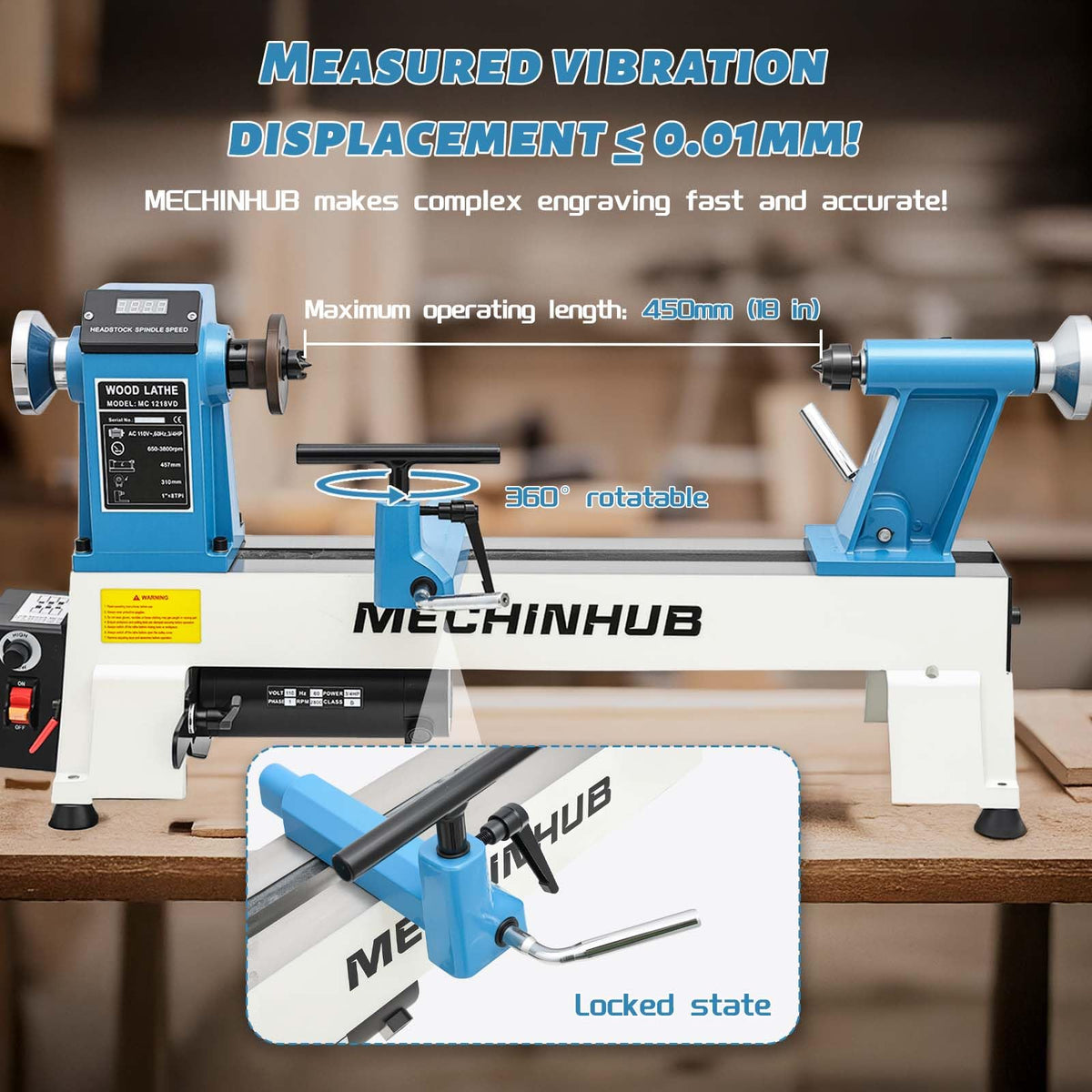 12" x 18" Digital Display Wood Lathe Machine, Benchtop Wood Lathe Machine 3/4HP 110V Infinitely Variable Speed 650-3800 RPM Professional for High Speed Sanding and Polishing