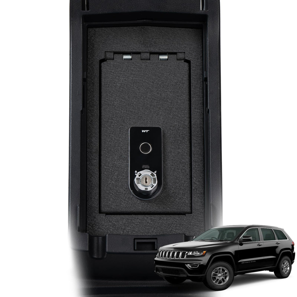 TUOJUE Center Console Safe, Gun Safe Vault Lock Box Compatible with Jeep Grand Cherokee without CD Player 2011-2022, Fingerprint Lock with Key.