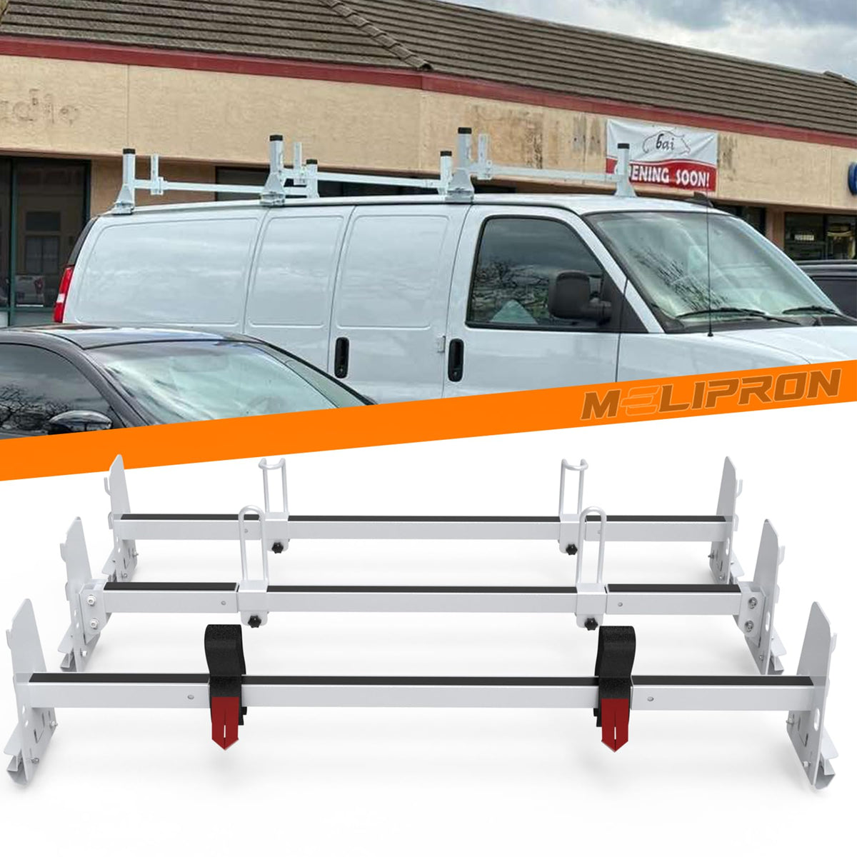 MELIPRON 850 lbs Van Roof Ladder Rack Fit for Chevy Express 1500 2500 3500, for 1996–2025 Cargo Vans with Rain Gutters, No Drill, Heavy Duty for Commercial Use