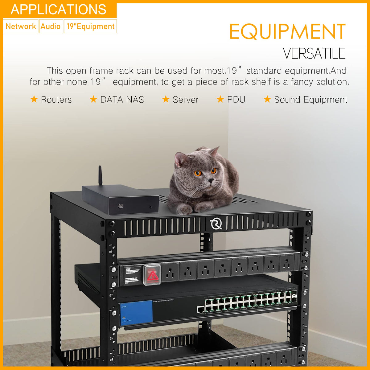 RIVECO 6U Network Rack with Top & Bottom Vented Plates- 4 Rolling Wheels Floor Standing Rack for 19" Equipment & Stereo Gear- Including Basic Rail Mount PDU Power Strip & M5 Screws 50 Sets