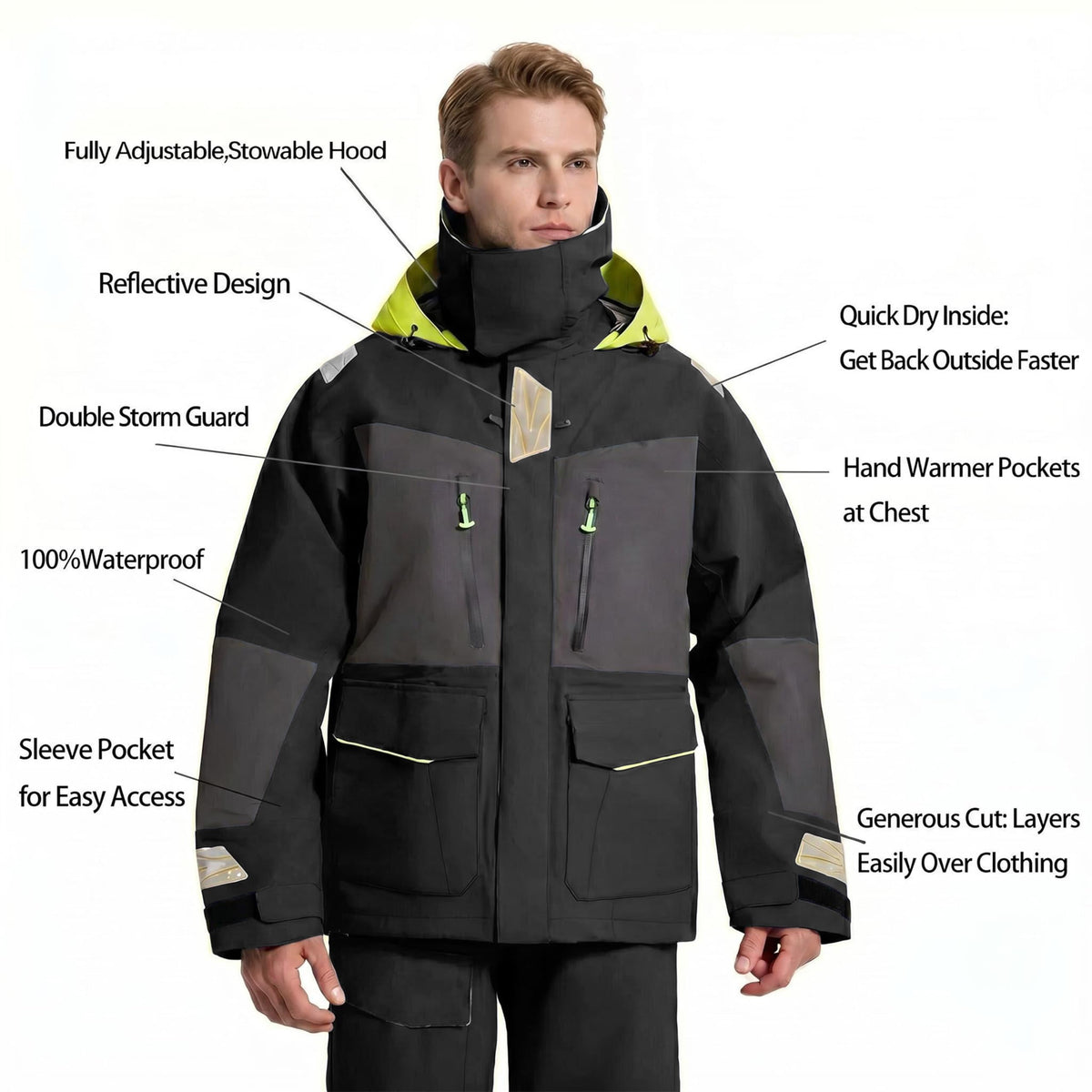 Men's Ocean Sailing Suit Offshore Sailing Jacket & Bib Pants Combi Clothes Set - Hi-Vis Wet Weather Gear Hips & Knees Patches (Black, Large)
