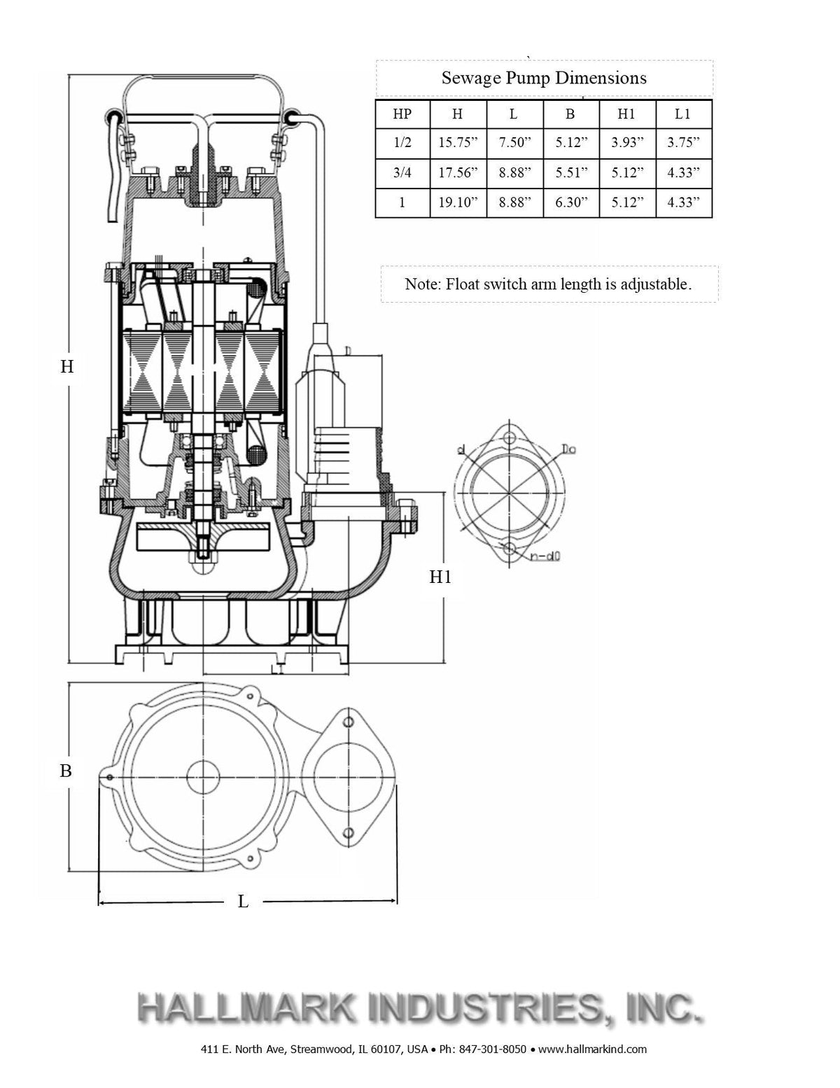 Hallmark Industries MA0387X-9A Sewage Pump with Float Switch, 7250 gpm, Stainless Steel, Heavy Duty, 1 hp, 230V, 49' Lift, 20' Cable