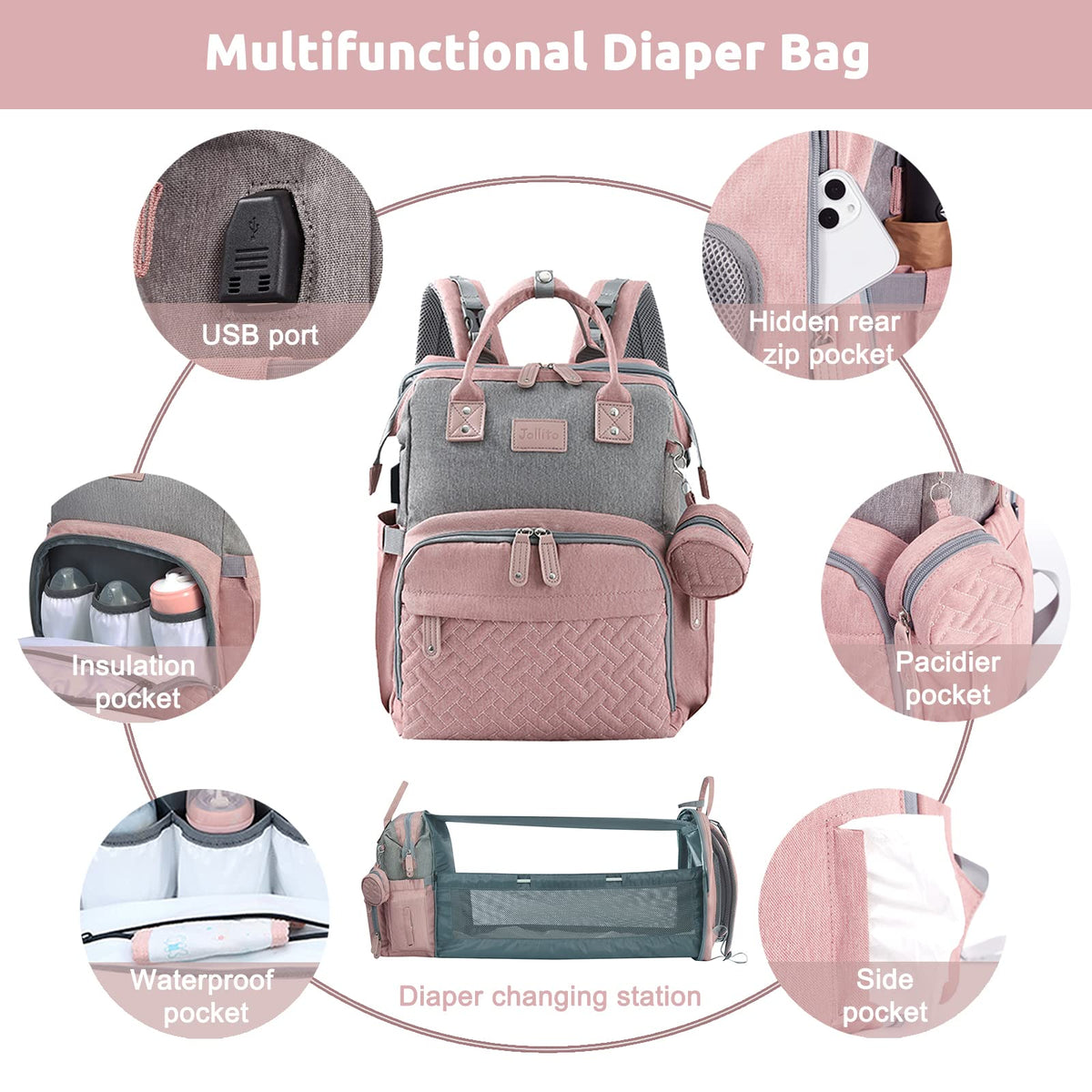 JOLLITO Baby Diaper Bag Backpack with Changing Station, Large Capacity, Stroller Straps and USB Charging Port, Baby Registry Search for Boys & Girls