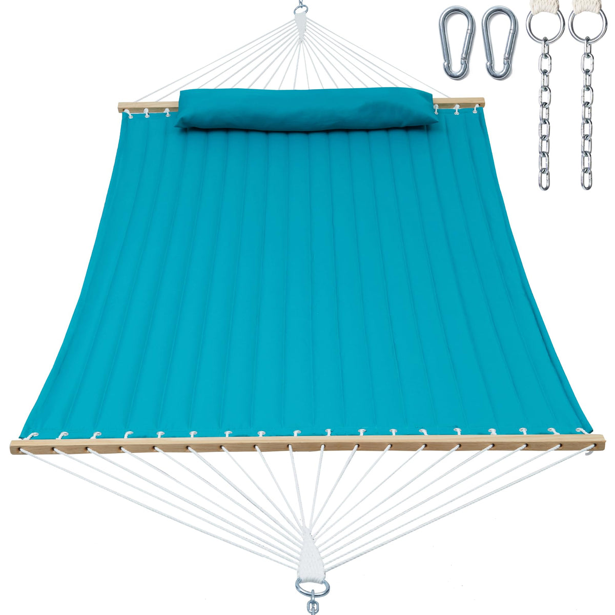 GAFETE Hammock 2 Person Quilted Fabric Hammocks for Outside, Double 12ft Hammocks with Spreader Bar, Large Removable Pillow, Storage Bag, Carabiners, Max 475 lbs Capacity (Canyon Creek Aqua)