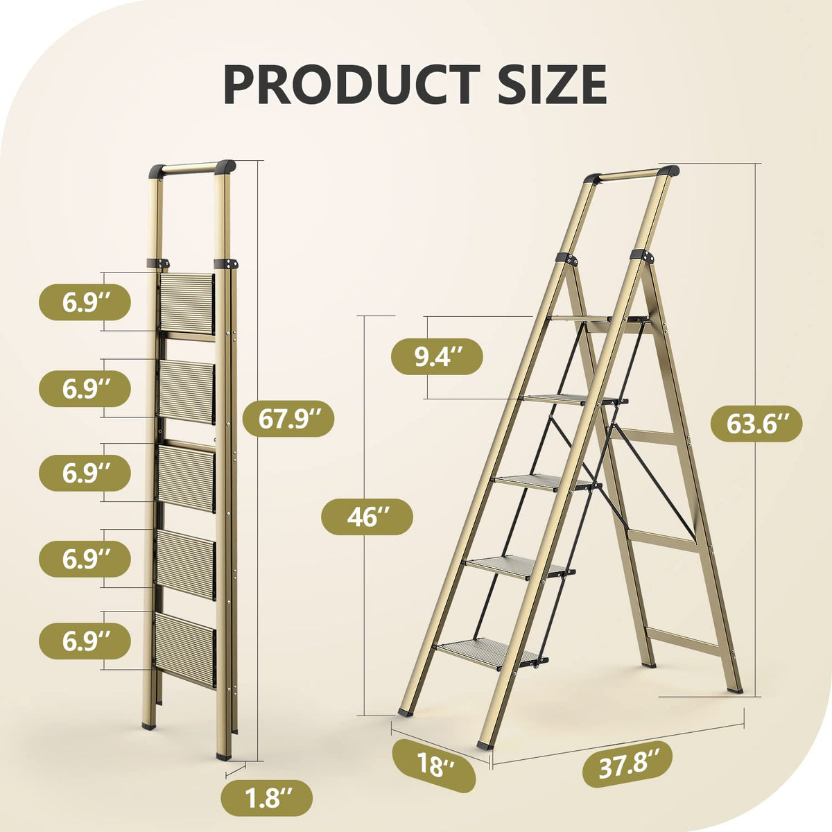 WOA WOA 5 Step Ladder, Ladders for Home, Anti-Slip Pedals, Aluminum Step Stool Foldable, Lightweight to Move, Ease of Storage, Reach 10ft for Closet Kitchen Library, Hold 300lbs - Gold