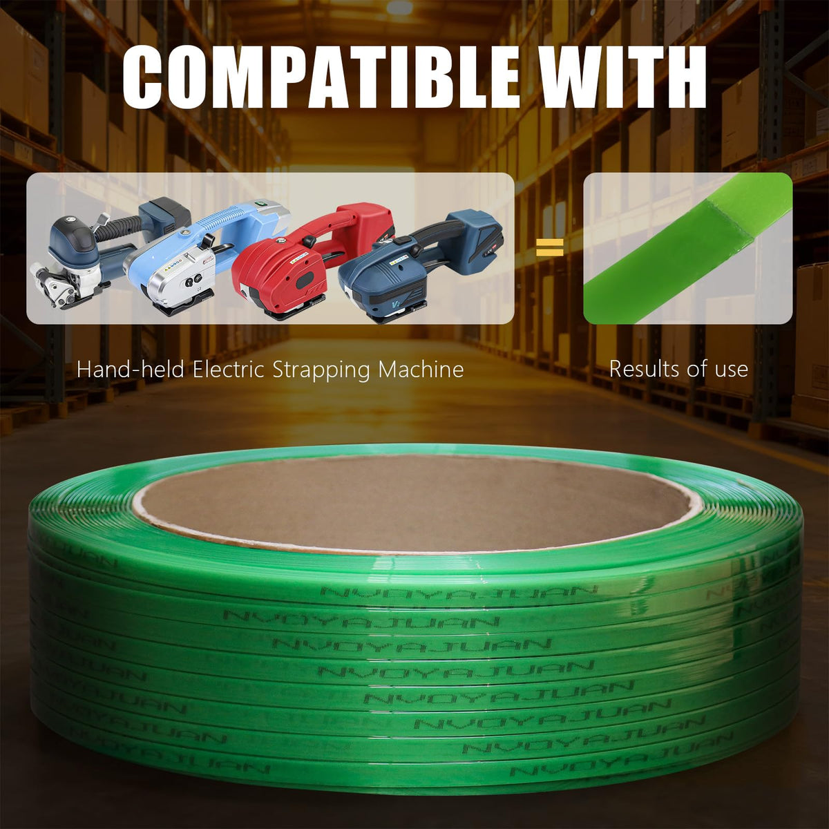 NVOYAJUAN 5/8" x.034 x3800ft Polyester (PET) Strapping Roll of 16"x6" Core Size 1450lbs Break Strength Green