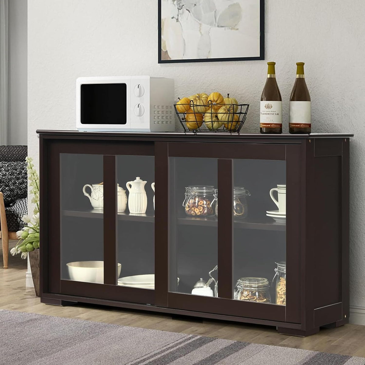 Byroce Sideboard Buffet Cabinet, Stackable Storage Coffee Bar Cabinet with Adjustable Shelf & Glass Sliding Doors, Wood Cupboard Credenza Console Table for Kitchen Dining Living Room (1, Coffee)
