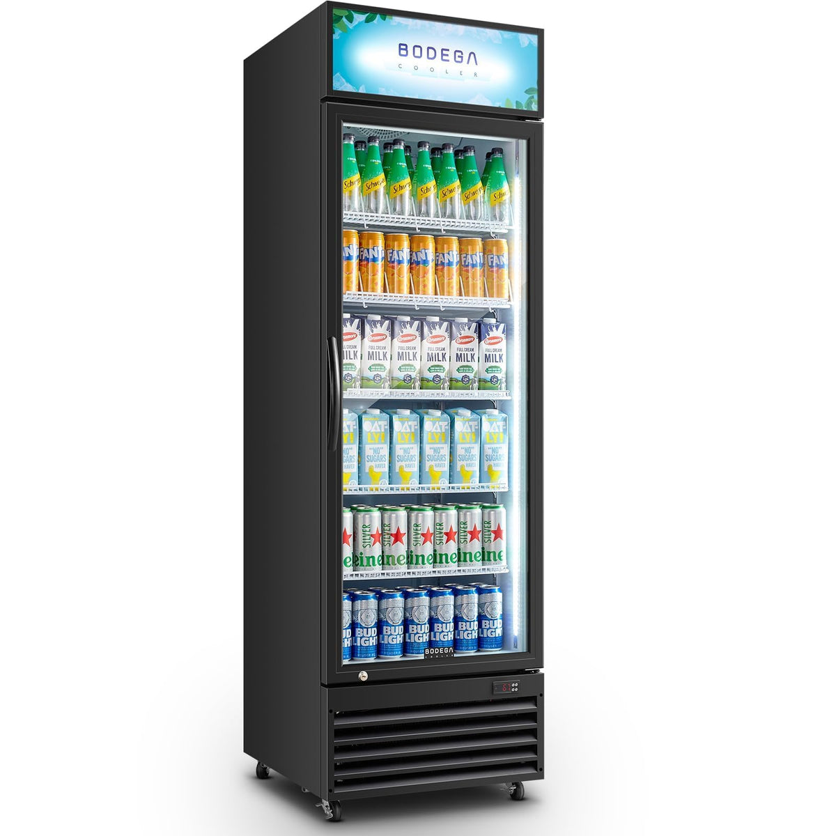 BODEGA BODEGACOOLER 15.5 Cu. Ft Commercial Beverage Refrigerator, Glass Door Upright Display Cooler, 420 Cans Drink Fridge with LED Light, 5 Adjustable Shelves, Lock, Black