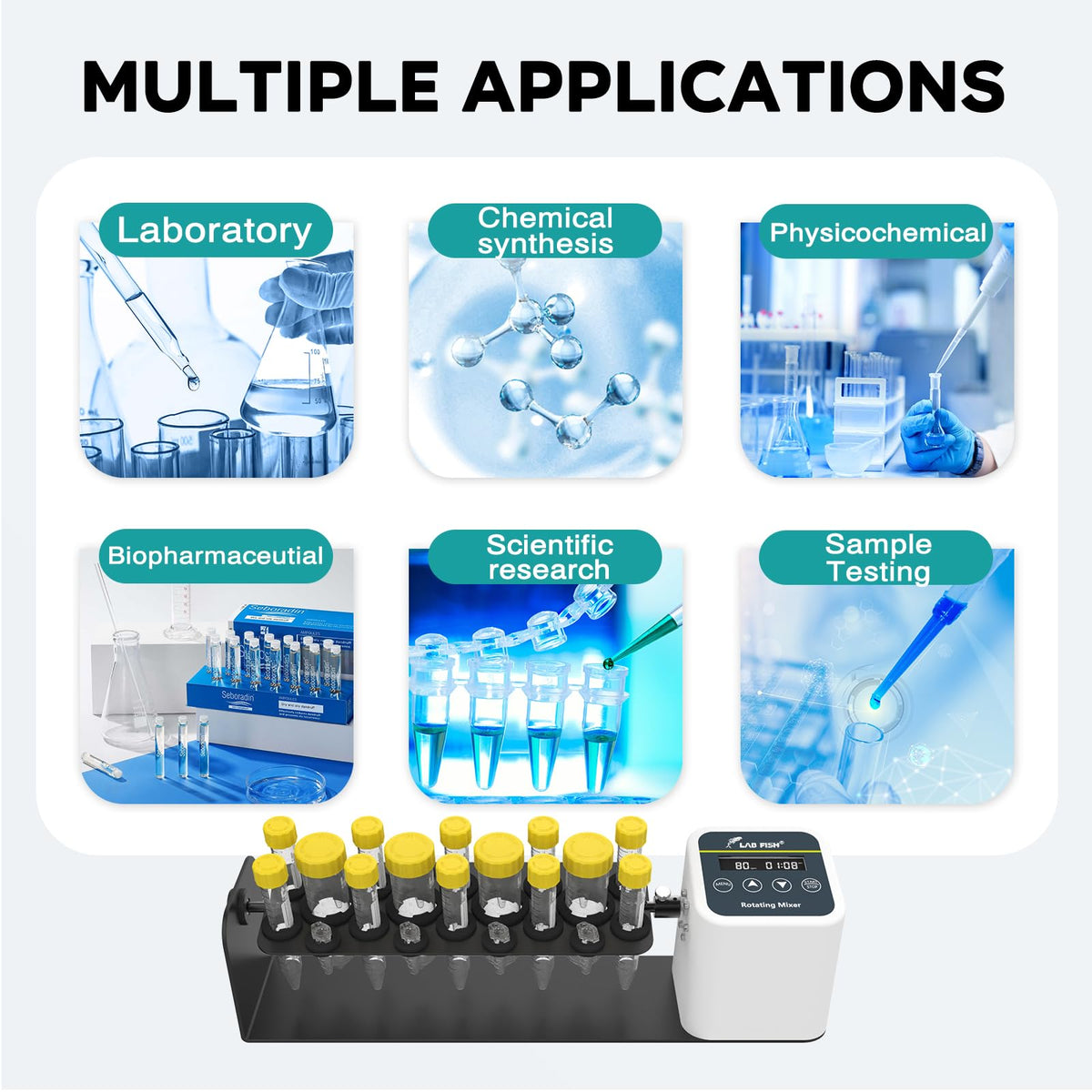 LAB FISH Digital Long Axis Rotating Mixer Shaker Chemical Tube Mixer Adjustable Speed 20-80RPM Timer 1min-23h59min & Continuous Mode for 2/5/10/15/50ml Test Tubes