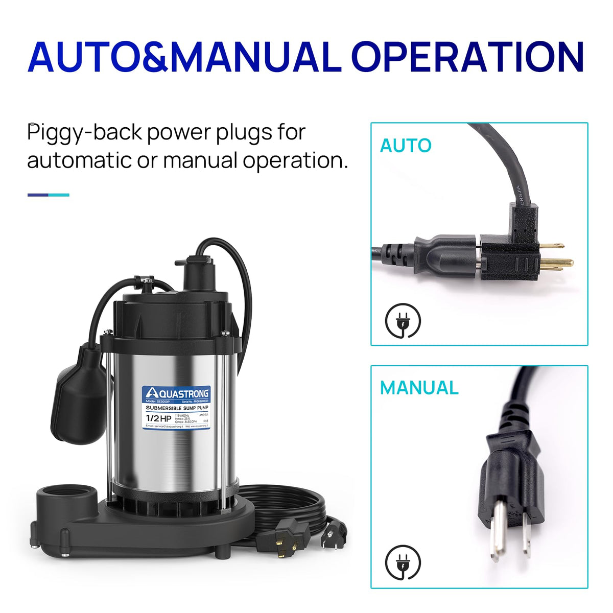 AQUASTRONG 1/2 HP Sump Pump, 3450 GPH Stainless Steel and Thermoplastic Submersible Water Pump, Automatic Float Switch with Piggy-back Plug,1-1/2" NPT Discharge Subpumps for Basement and Flooding Area