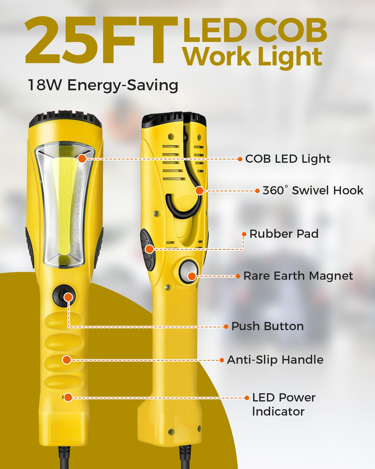 WILAWELS 50 FT 14AWG/3C SJTOW Retractable Extension Cord Reel and 18W 2000LM 25FT LED Work Light Bundle, for Garage, Workshop, Car Repair Scene B50CR06- Y04WL06