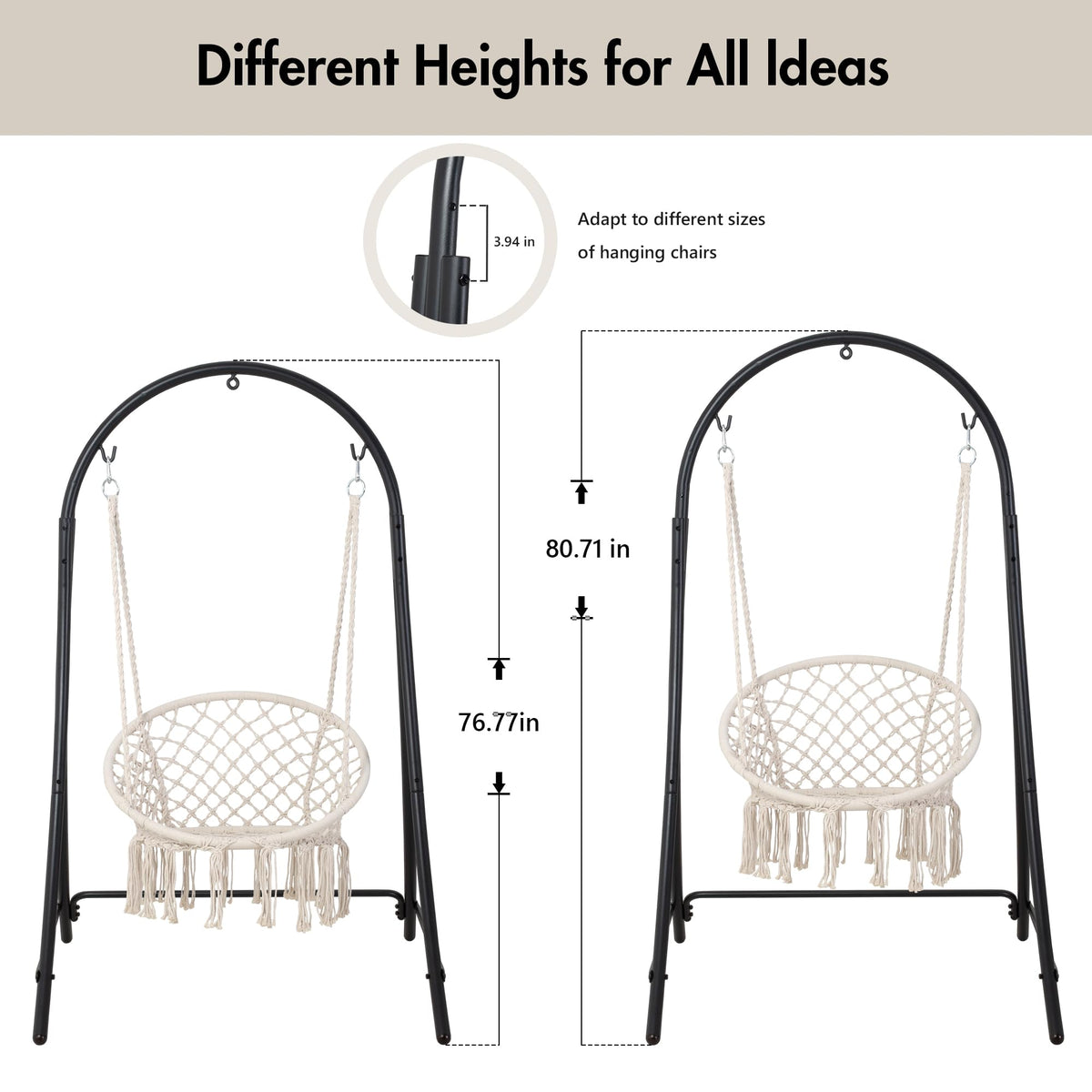 ANOW Adjustable Hammock Chair Swing Stand Only, Heavy Duty Hanging Chair Stand with Safety Hooks for Indoors Outdoors, Max 400 Lbs, Plus Size Version, Black