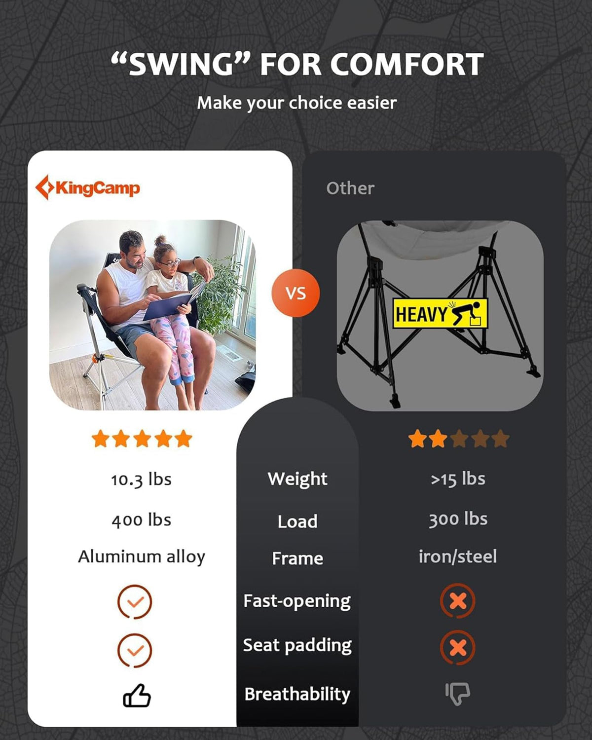 KingCamp Hammock Camping Chair, Swinging Portable Camp Chairs for Adults, 400lbs Heavy Duty Oversized Folding Rocking Chair with Adjustable Recline, Aluminum Alloy Frame for Outdoor Patio Beach Sport