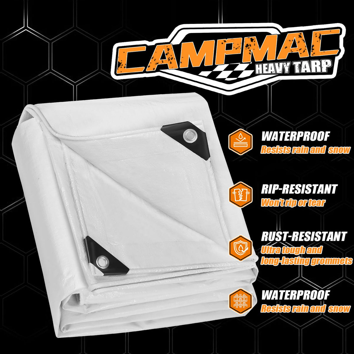 CAMPMAC White Heavy Dut Waterproof Tarp 30' x 40', 10 Mil Thick, High Durability, Rip and Tear Resistant with Metal Grommets Every 20 Inches