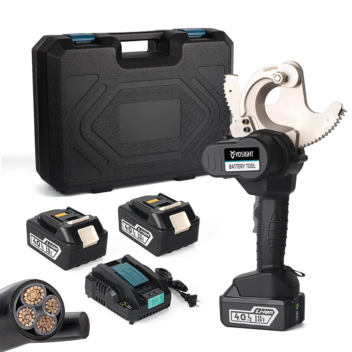 YOSIGHT 54mm Heavy Duty Cable Cutters Kit, 18VDC Cordless Rechargeable Electrical ACSR Cutting Tool for Copper and Aluminum, 2 4Ah Batteries & 1 Battery Charger Included