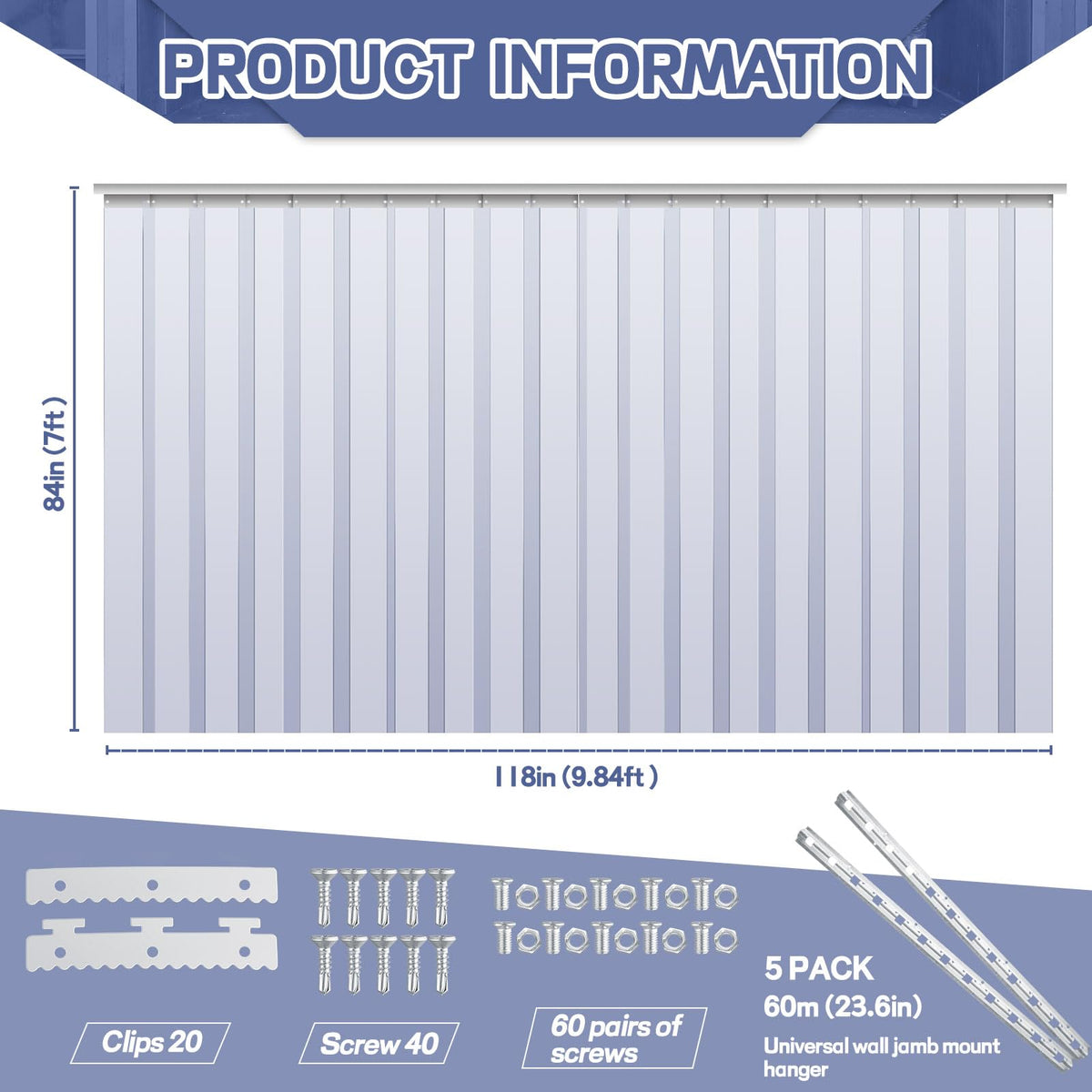 Juexica 84 x 118 Inches Plastic Strip Door Curtain Kit 0.08'' Walk in Cooler Curtains Thickness PVC Freezer Door Curtain Smooth Waterproof Hurricane Shutters Gate for Warehouse Garage Industry(Clear)