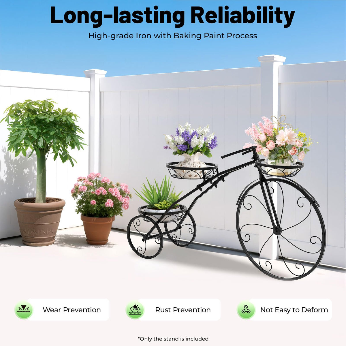 3 Pot Metal Cart Holder, Three-wheeled Plant Stand, 3-Tier Bicycle Planter Flower Cart, Holds 22lbs Capacity, for Patio Deck Garden Lawn Decor (Black)