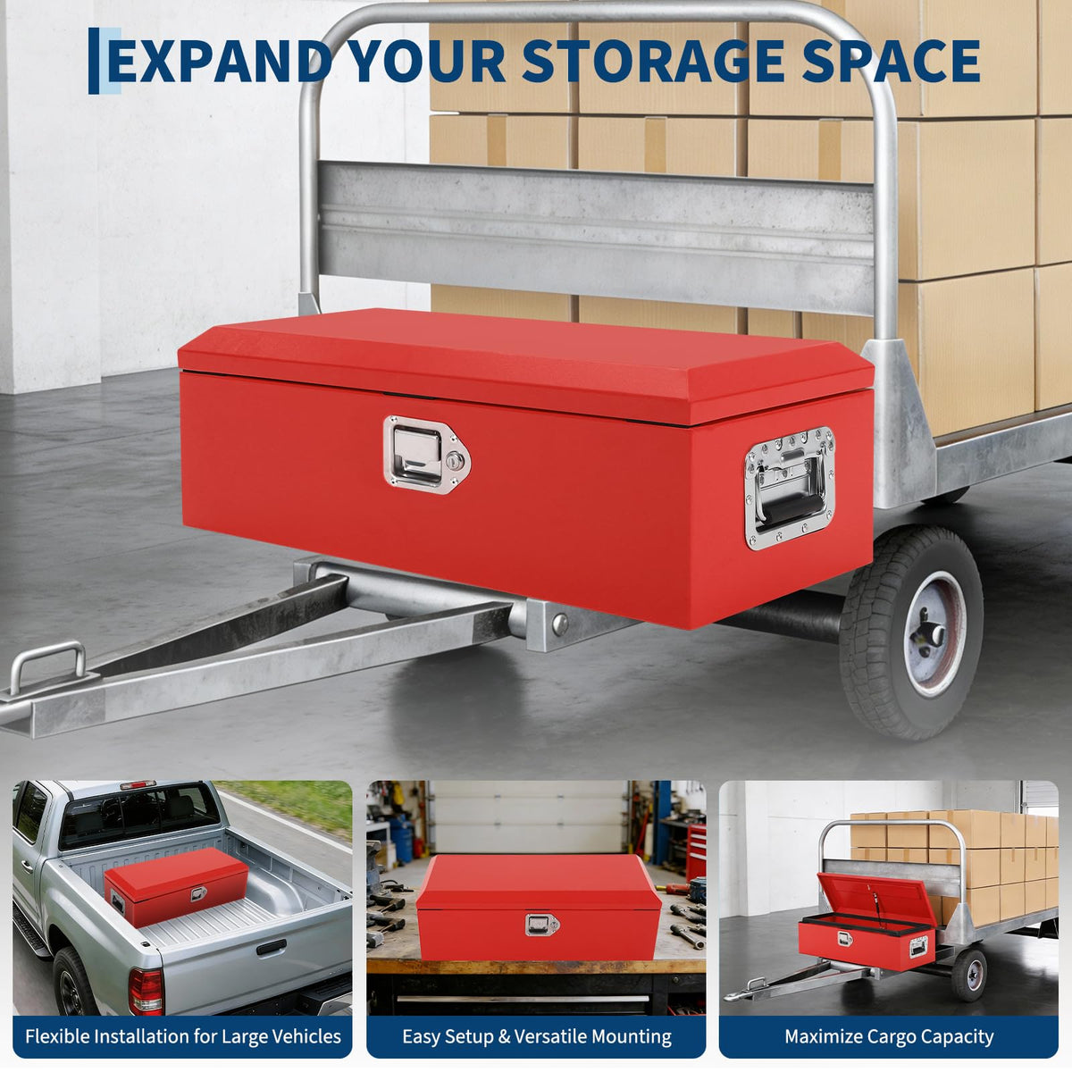 IDEALHOUSE Heavy Duty Diamond Plate Steel Truck Tool Box – Waterproof Metal Storage Chest with Lock & Side Handles – Secure Pickup Truck Toolbox for Trailers, RVs, Workshop (Powder-Coated Red)