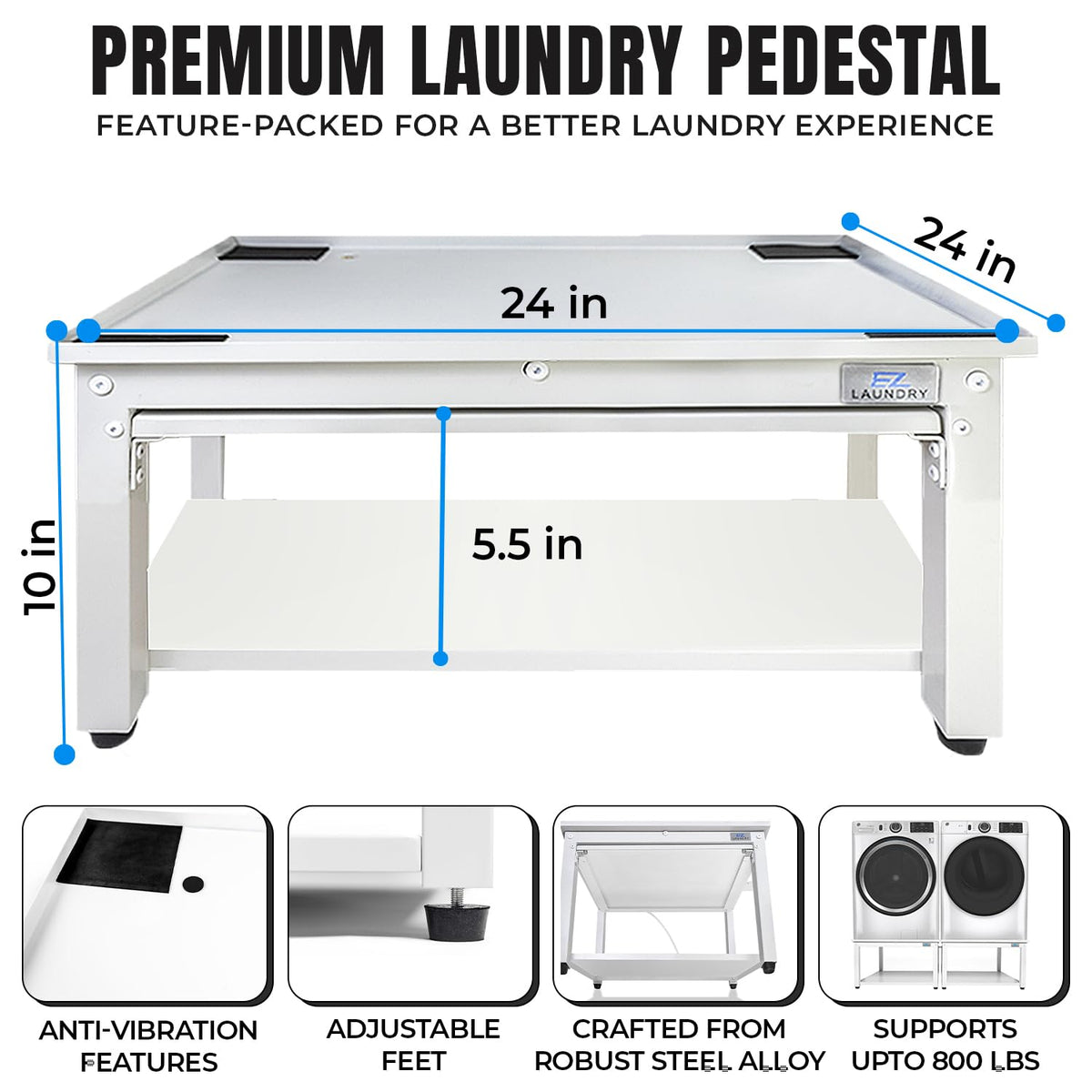 Washer and Dryer Pedestal with Pullout-Shelf - 24" W, 10" H, White Steel Universal Fit with Major Brands | Laundry Pedestal with Drain Pan & Hose | Washer Stand for Back Pain Relief, 800 lbs Capacity