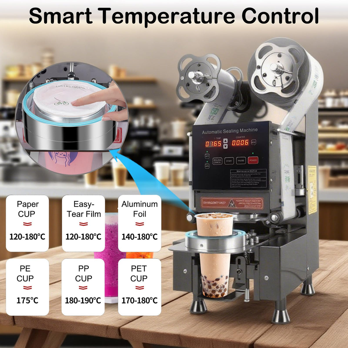 Cup Sealing Machine, Full Automatic Cup Sealer Machine 90/95mm Electric boba Cup Sealing Machine 500-650 Cups/H Digital Control LCD Panel Suitable for Bubble tea, Coffee, Drinks, Desserts (Black)