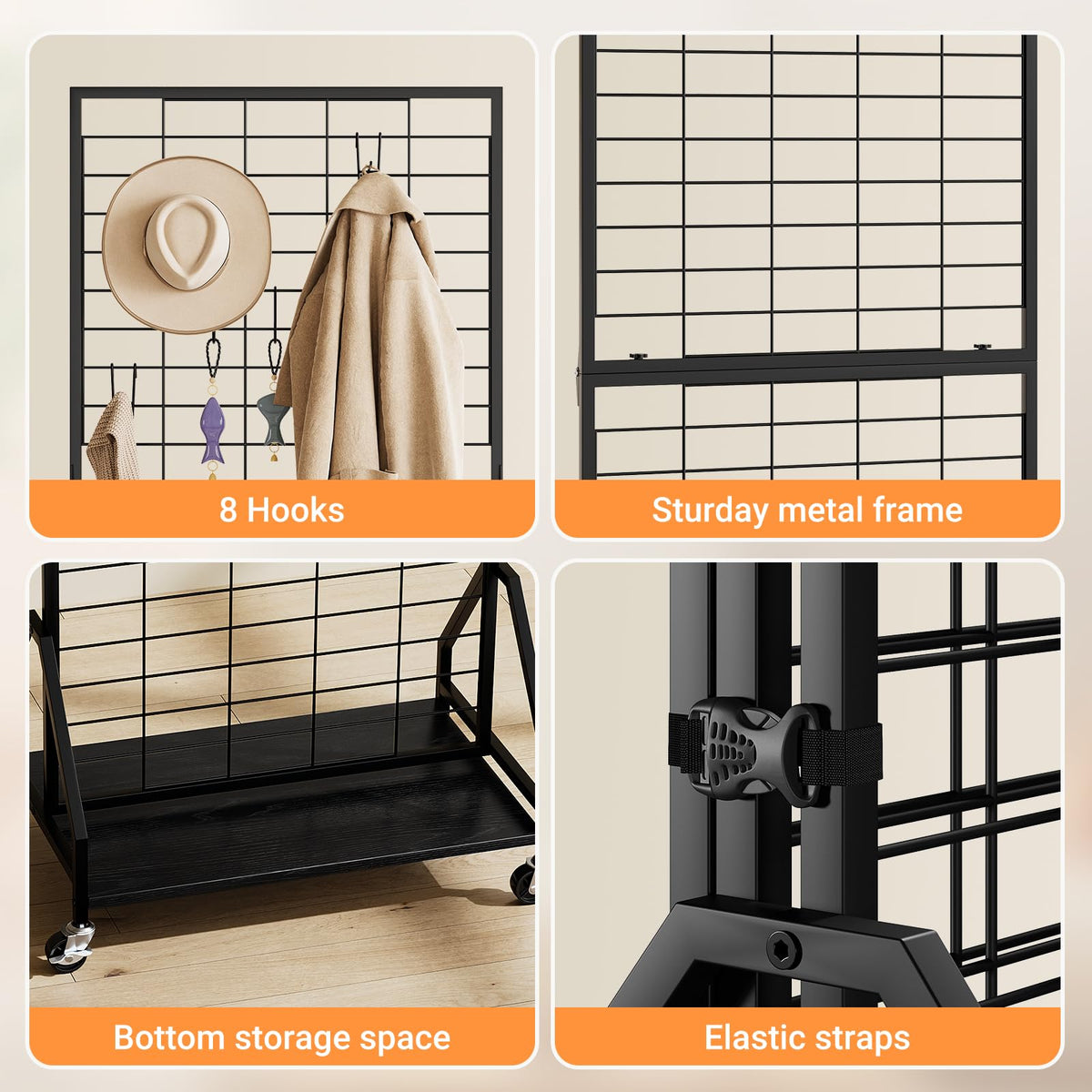 ELYKEN 2 Pack Foldable Grid Wall Panels 5.7' x 2' FT, Movable Wire Gridwall Display Rack with Wheels and Adjustable Foots, Retail Display Stand for Vendor with Storage (Black)
