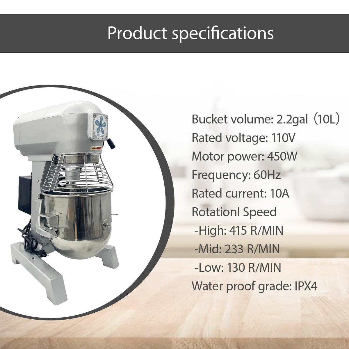 BEILOCKERY 10L Commercial Dough Mixer, 450W Food Stand Mixer, 3-Speeds Adjustable 110V Dough Blender Machine with 3 Mixing Tools for Kitchen