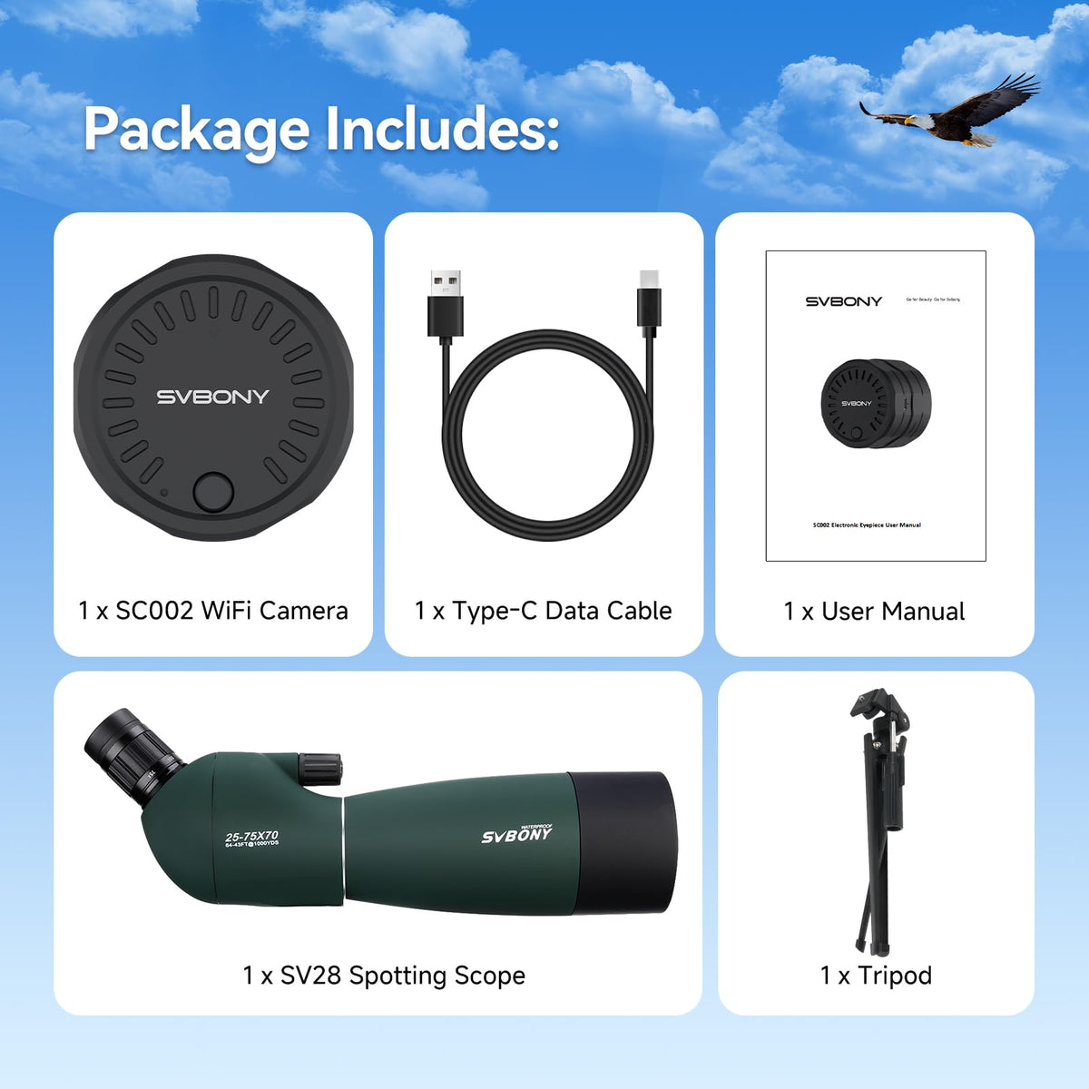 SVBONY SV28 Spotting Scope with Tripod & SC002 WiFi Camera for Digiscoping, Waterproof & Fofproof, 25-75x70mm Long Range Spotter Scope for Target Observing, Bird Watching