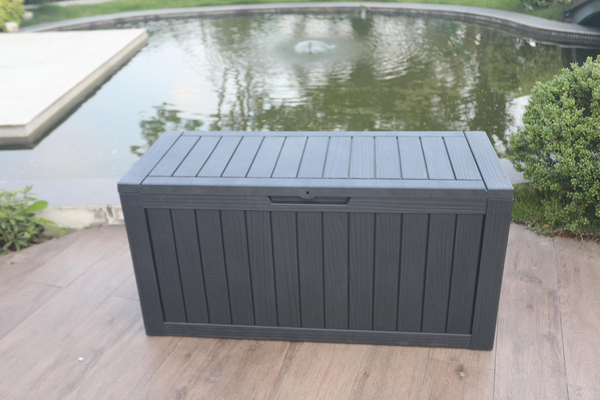 BTEXPERT 75 Gallon Resin Deck Box, Outdoor Storage Container for Patio Furniture Garden Tools Cushions Pool Sports Equipment Waterproof Lockable Stainless Steel insert UV Resistant Set of 2