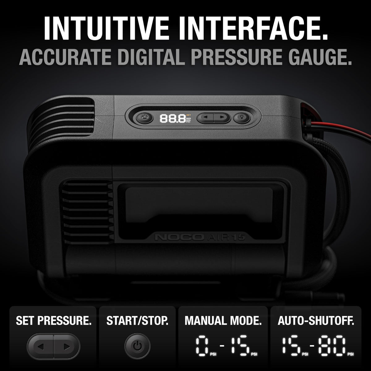 NOCO AIR15: UltraFast 15A Tire Inflator - 12V Portable Air Compressor Pump – 44 SLPM Airflow Inflates 0–40 PSI in 2.9 Minutes – Digital Gauge + Auto-Shutoff