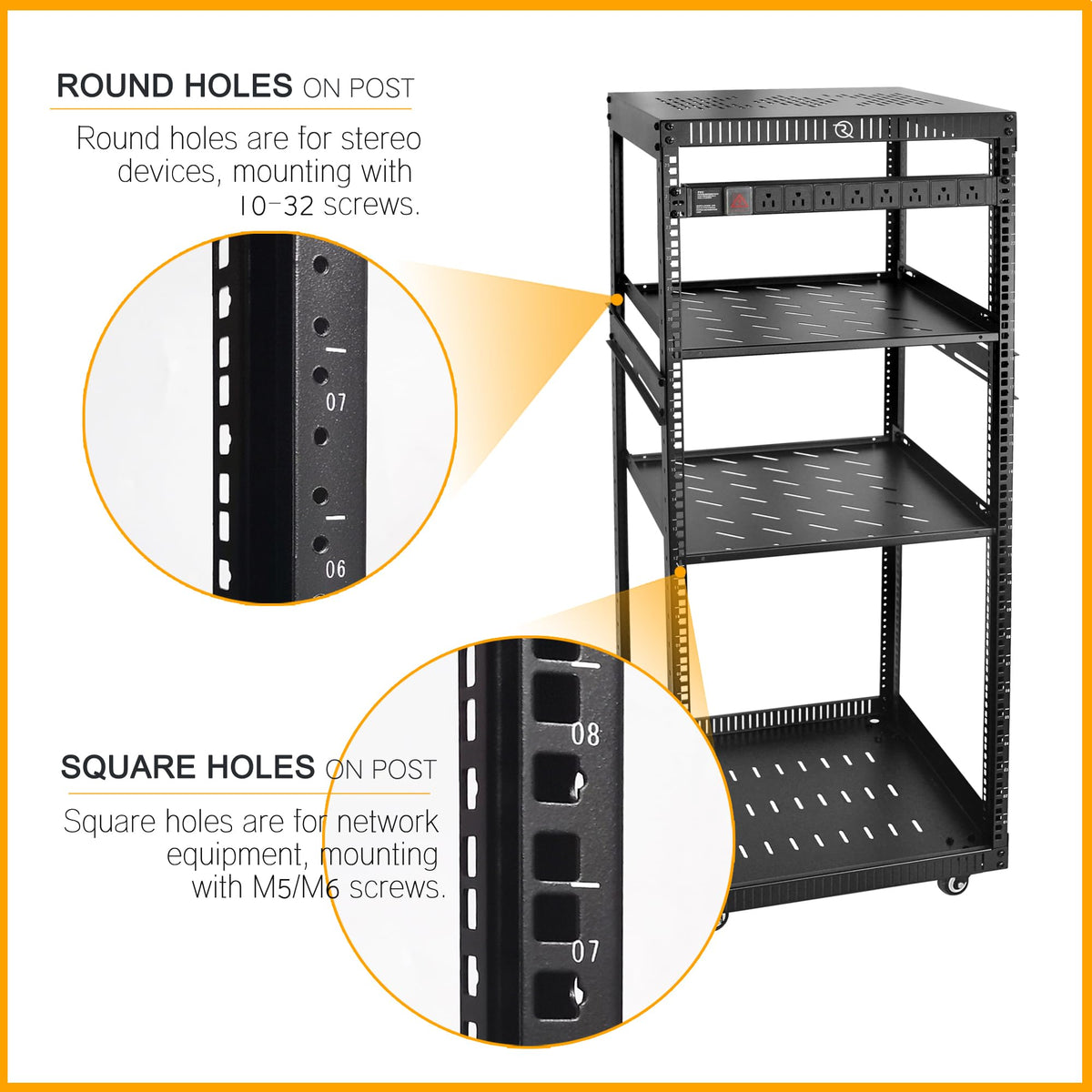 RIVECO 25U Network Rack with Reinforced Top Cover - 4 Post Floor Rack on Wheels Including Rack Mount Power Strip & 2PCS 1U Rack Shelves & 12" Rack Shelves 2 PCS